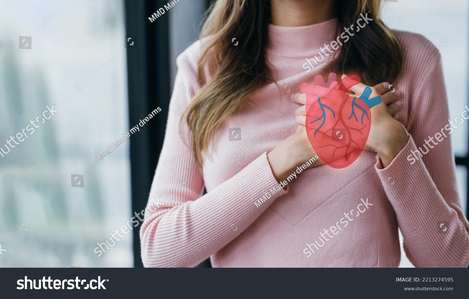 Woman having clutching chest with heart anatomy, heart attack, heart disease, Female with health care and Healthy feminine, World Heart Day concept. #2213274595