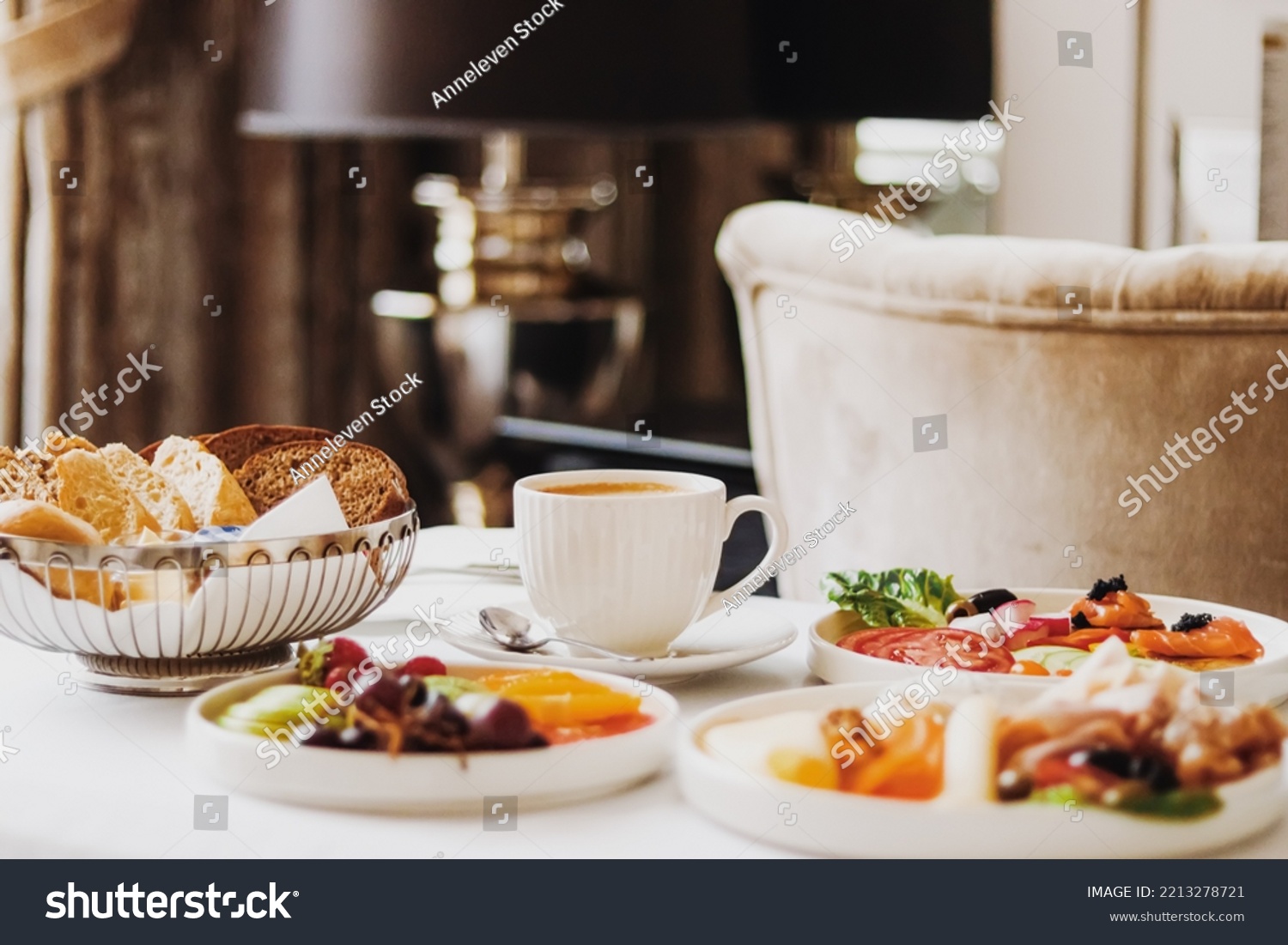 Luxury hotel and five star room service, various food platters, bread and coffee as in-room breakfast for travel and hospitality brand #2213278721