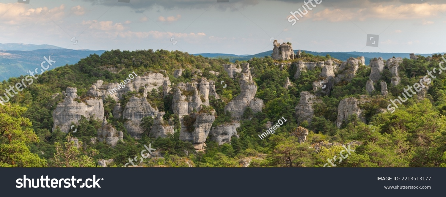 Rocks with strange shapes in the chaos of Montpellier-le-Vieux in the cevennes national park. Panorama, panoramic.. City of Stones, La Roque-Sainte-Marguerite, Aveyron, France. #2213513177