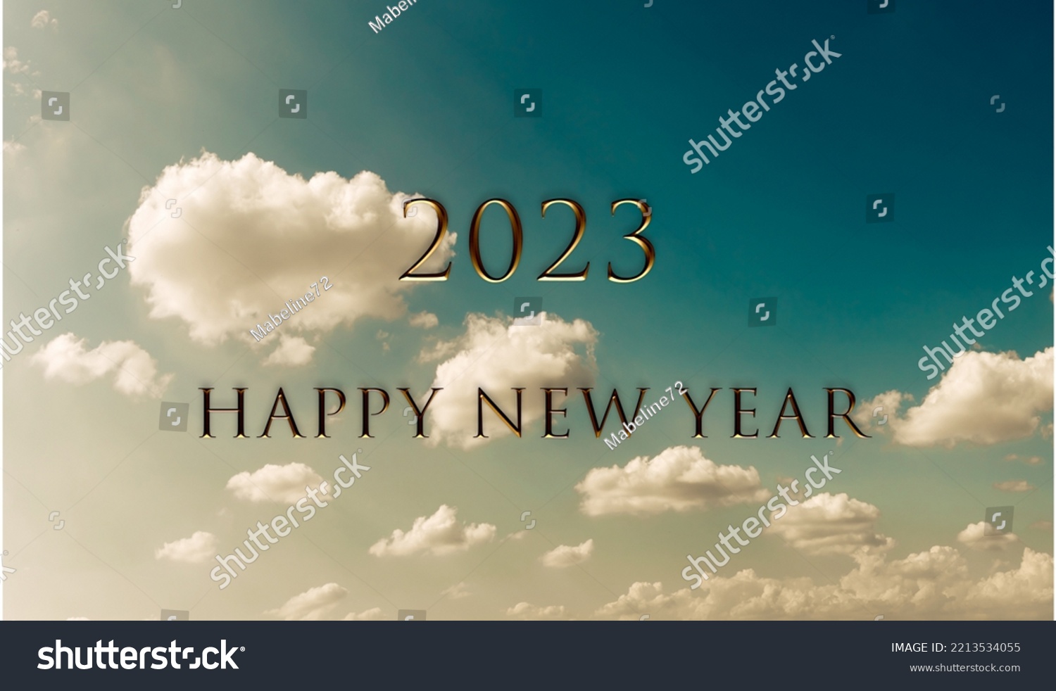 Blue dark moody sky background Web Banner with clouds and 2023 Happy new year. Sunny Travel Day. Cumulus sky. Meteorology, Climate Travel Vacation Concept. #2213534055