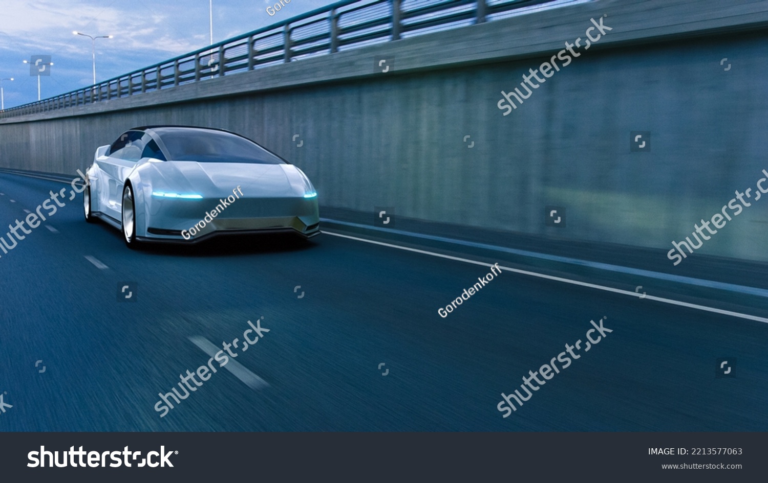 Autonomous Self-Driving 3D Car Moving Through City Highway. VFX Visualization Concept: Sensor Scanning Road Ahead for Vehicles, Danger, Speed Limits. Day Urban Driveway. Front Following View #2213577063