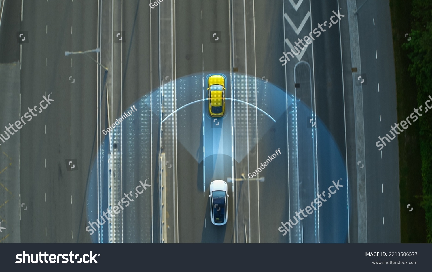 Aerial Top Down View: Autonomous Self Driving Car Moving Through City, Overtaking Other Vehicles. Scanning Visualization Concept: Artificial Intelligence Digitalizes and Analyzes Road Ahead. #2213586577