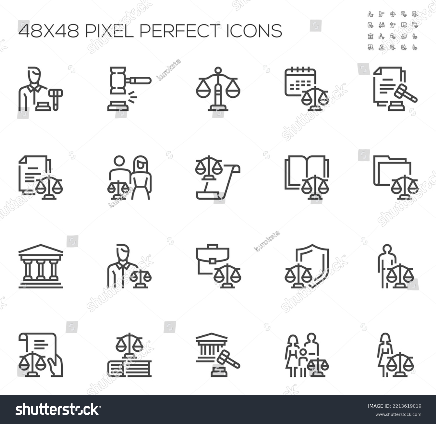 Judicial System. Law and Justice. Court Sitting, Legal Services. Vector Line Icons Set. Editable Stroke. 48x48 Pixel Perfect. #2213619019