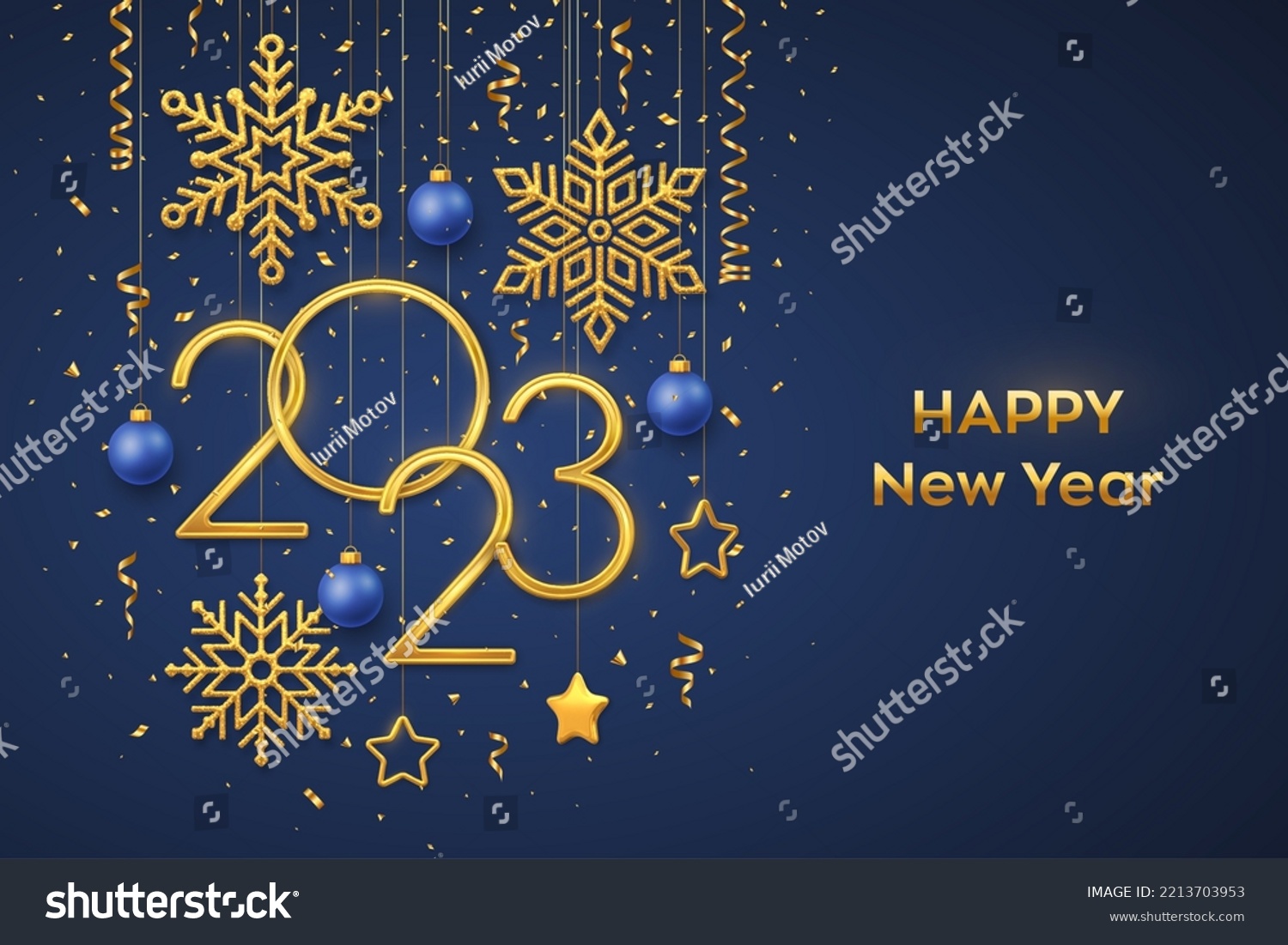 Happy New 2023 Year. Hanging Golden metallic numbers 2023 with shining snowflakes, 3D metallic stars, balls and confetti on blue background. New Year greeting card or banner template. Vector. #2213703953