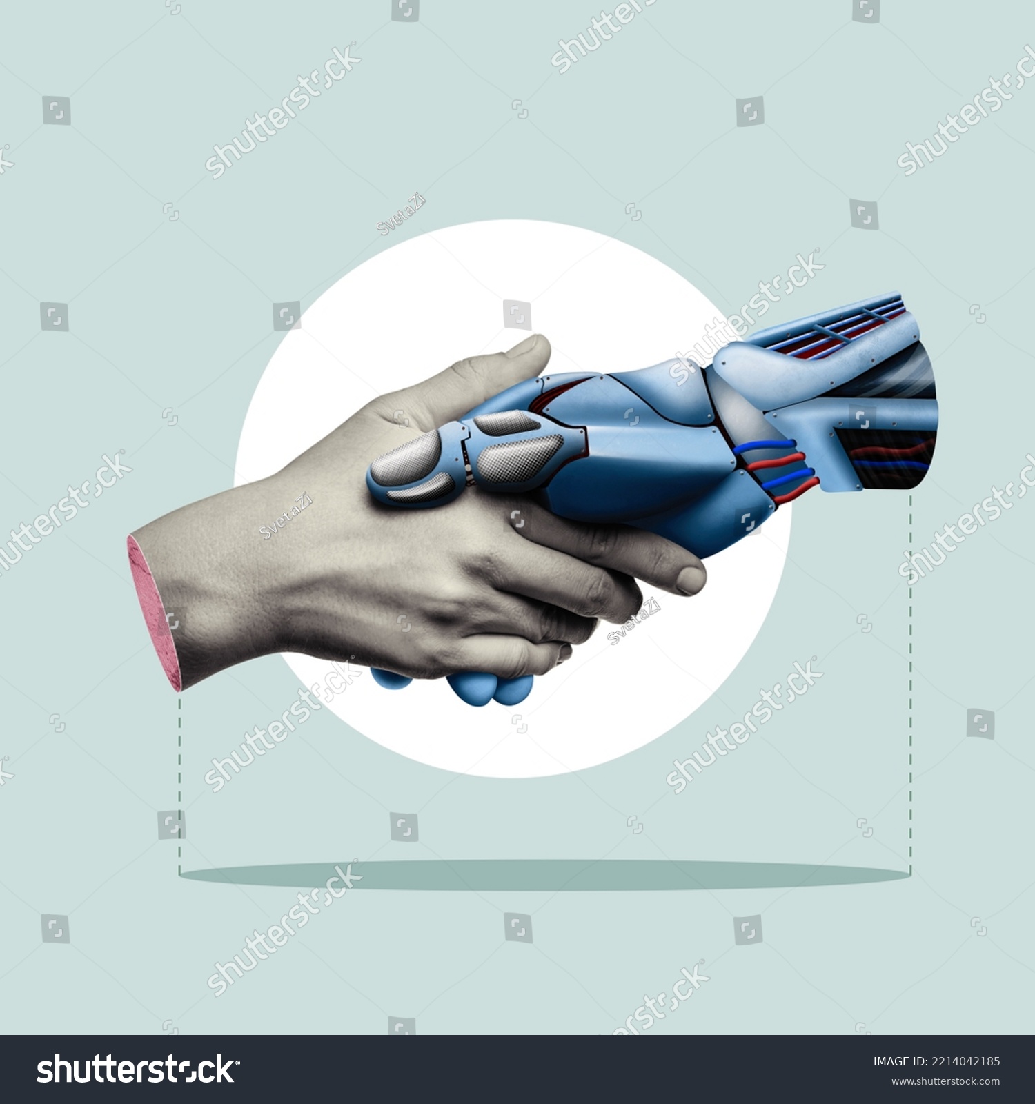 Handshake of man and robot. Modern technologies. Art collage. #2214042185
