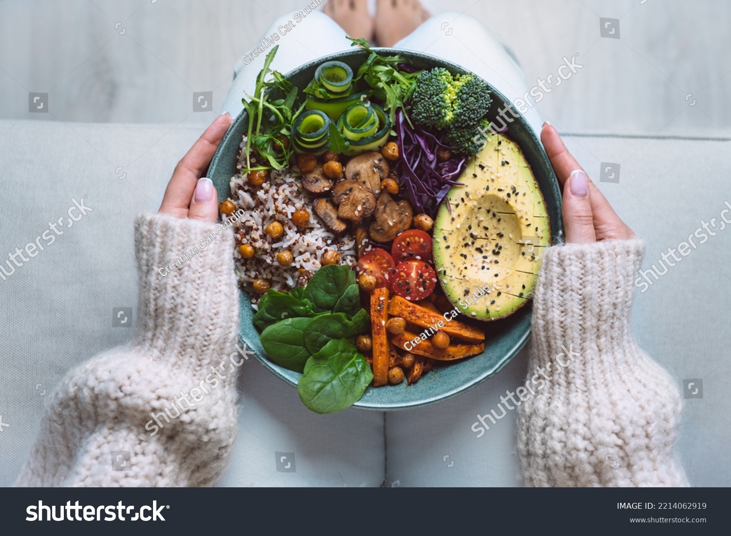Healthy eating. Plate with vegan or vegetarian food in woman hands. Healthy plant based diet. Healthy dinner. Buddha bowl with fresh vegetables #2214062919