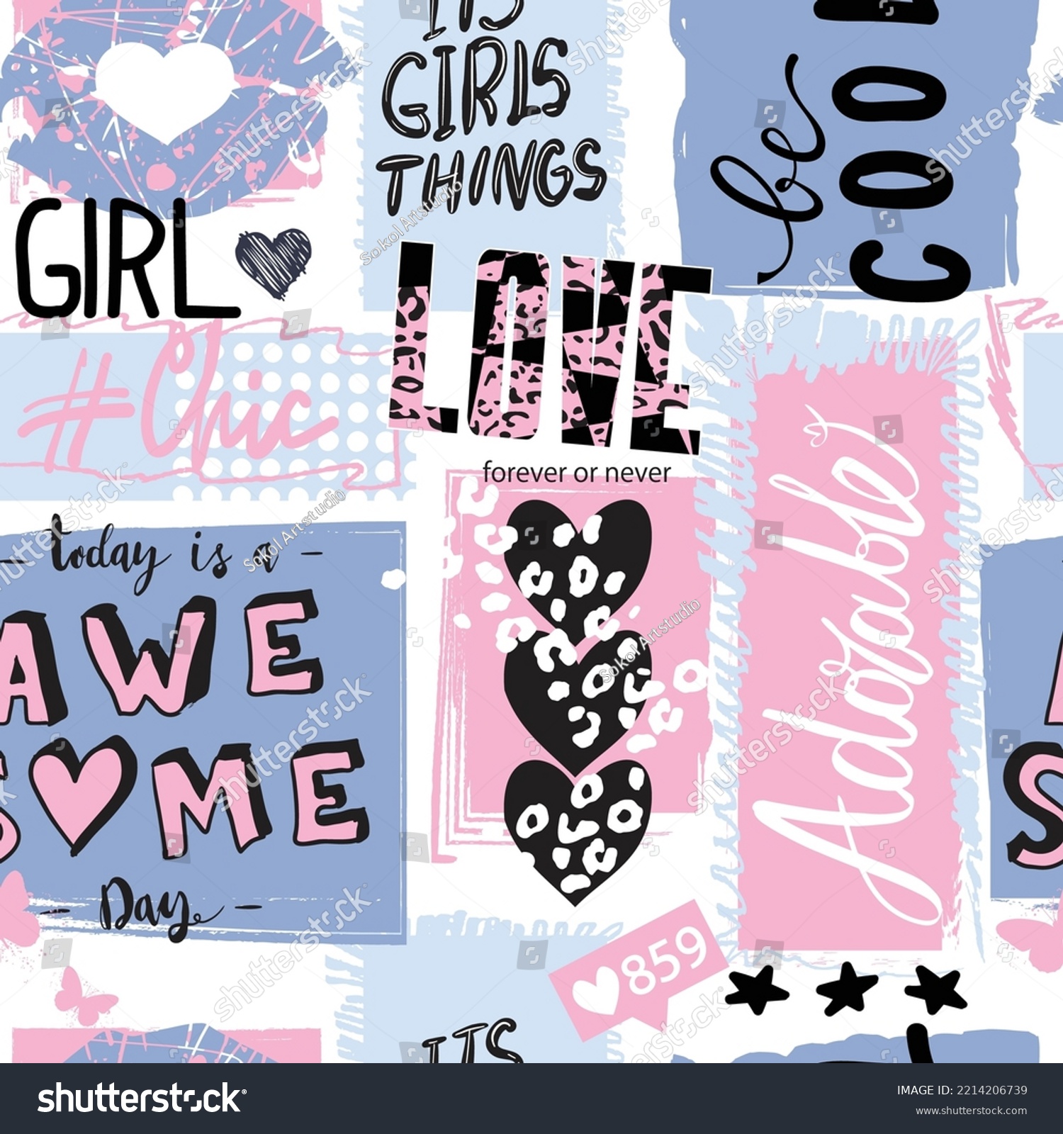 Girls seamless pattern with calligraphic slogan, hearts, words  . background for texylie, graphic tees, kids wear. Wallpaper for teenager girls. Fashion style #2214206739