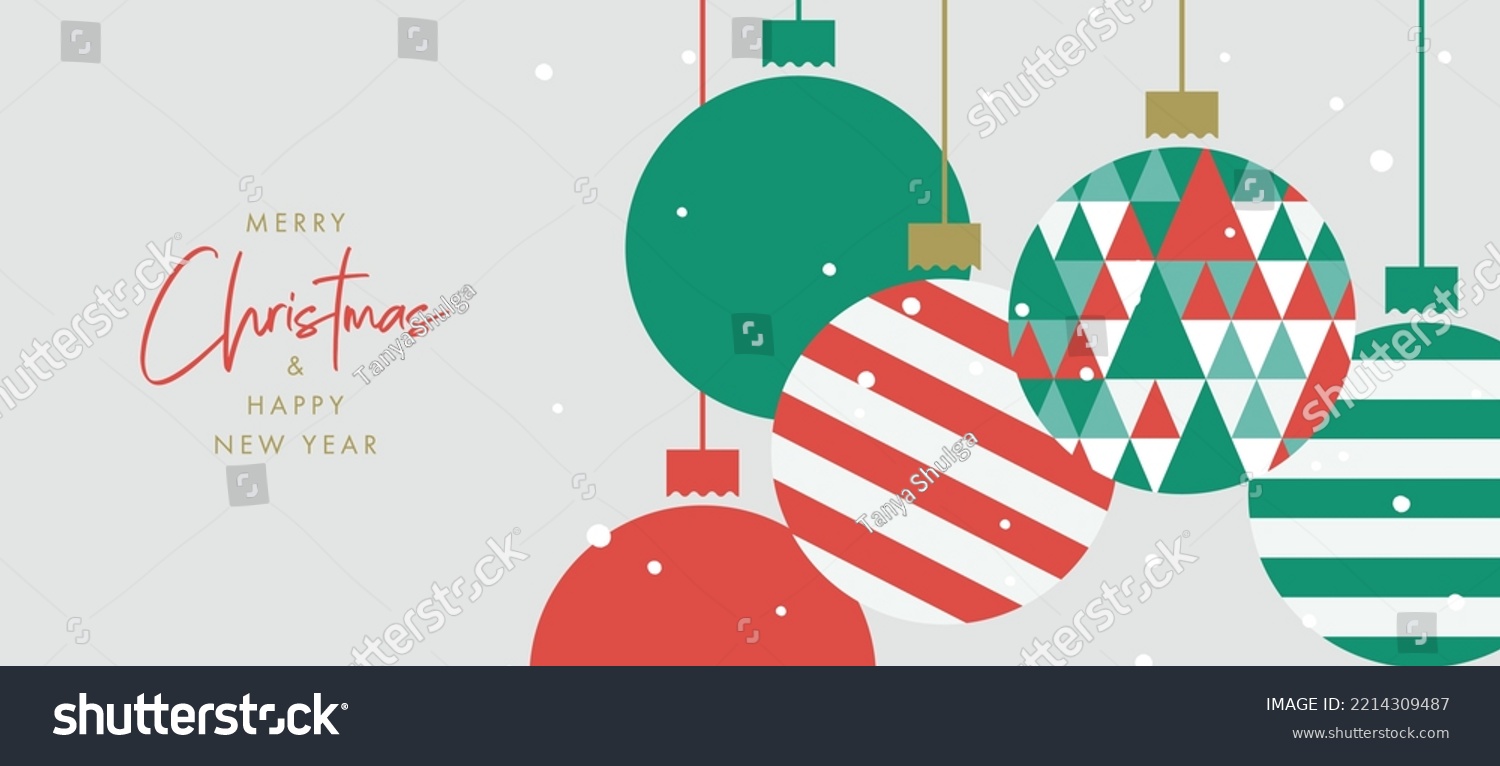 Merry Christmas and Happy New Year banner, greeting card, poster, holiday cover, header. Modern Xmas design with triangle firs pattern in green, red, white colors. Christmas tree and balls decoration #2214309487