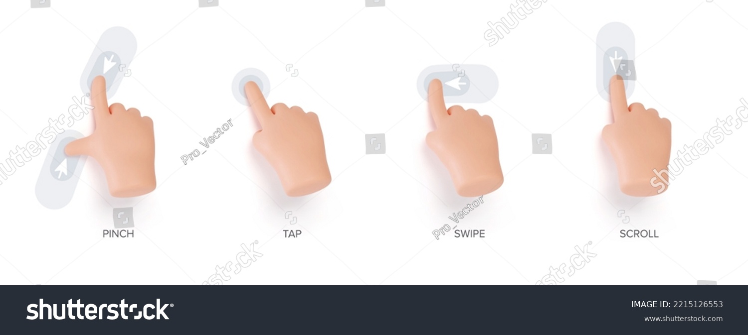 Hand touchscreen gestures. Vector 3d hands actions icons on touch screens like swipe, scroll, pinch, tap, zoom and slide touch. Vector 3d set
 #2215126553