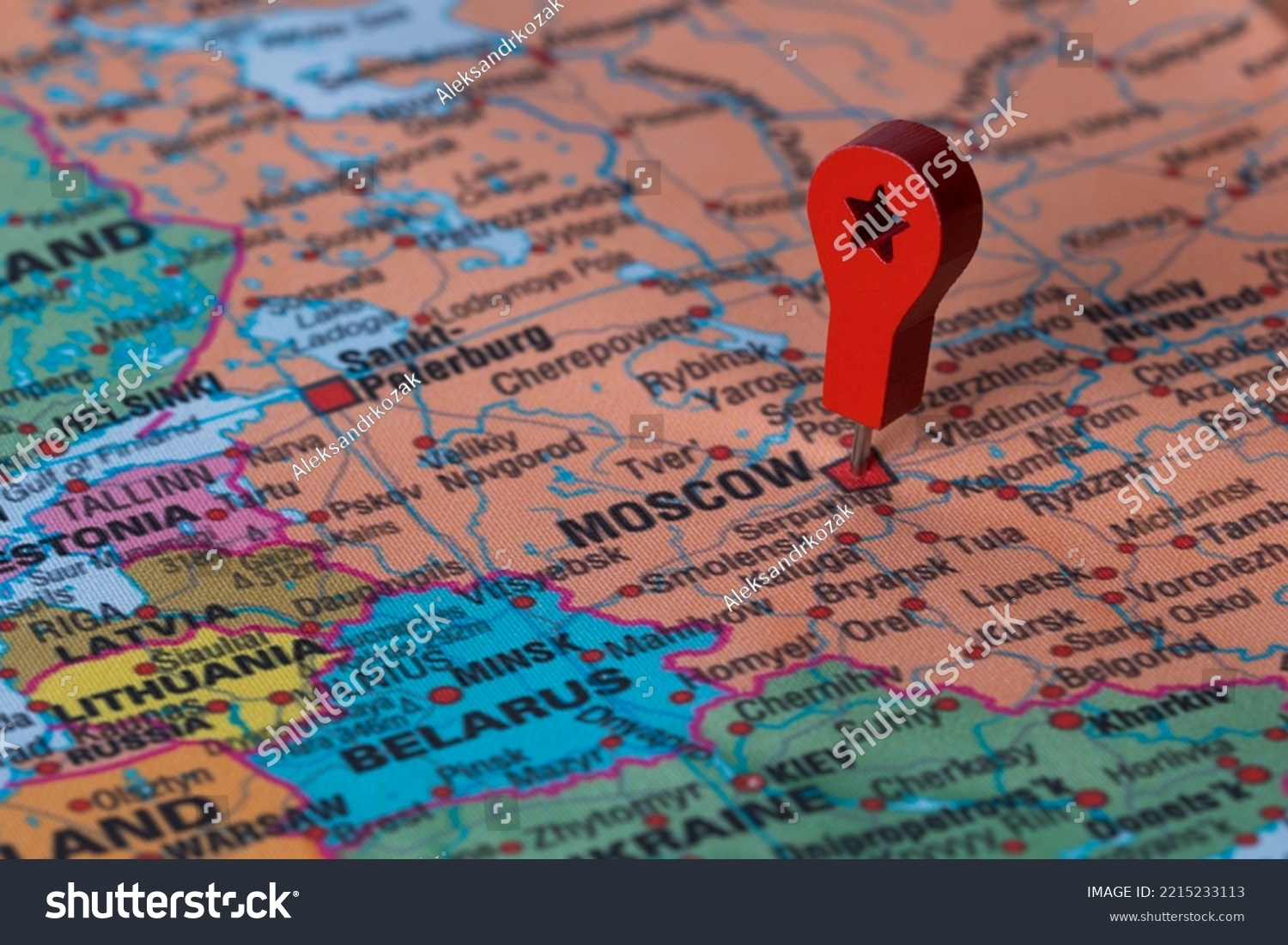 Red pin, point on the map of Moscow. Concept travel background #2215233113