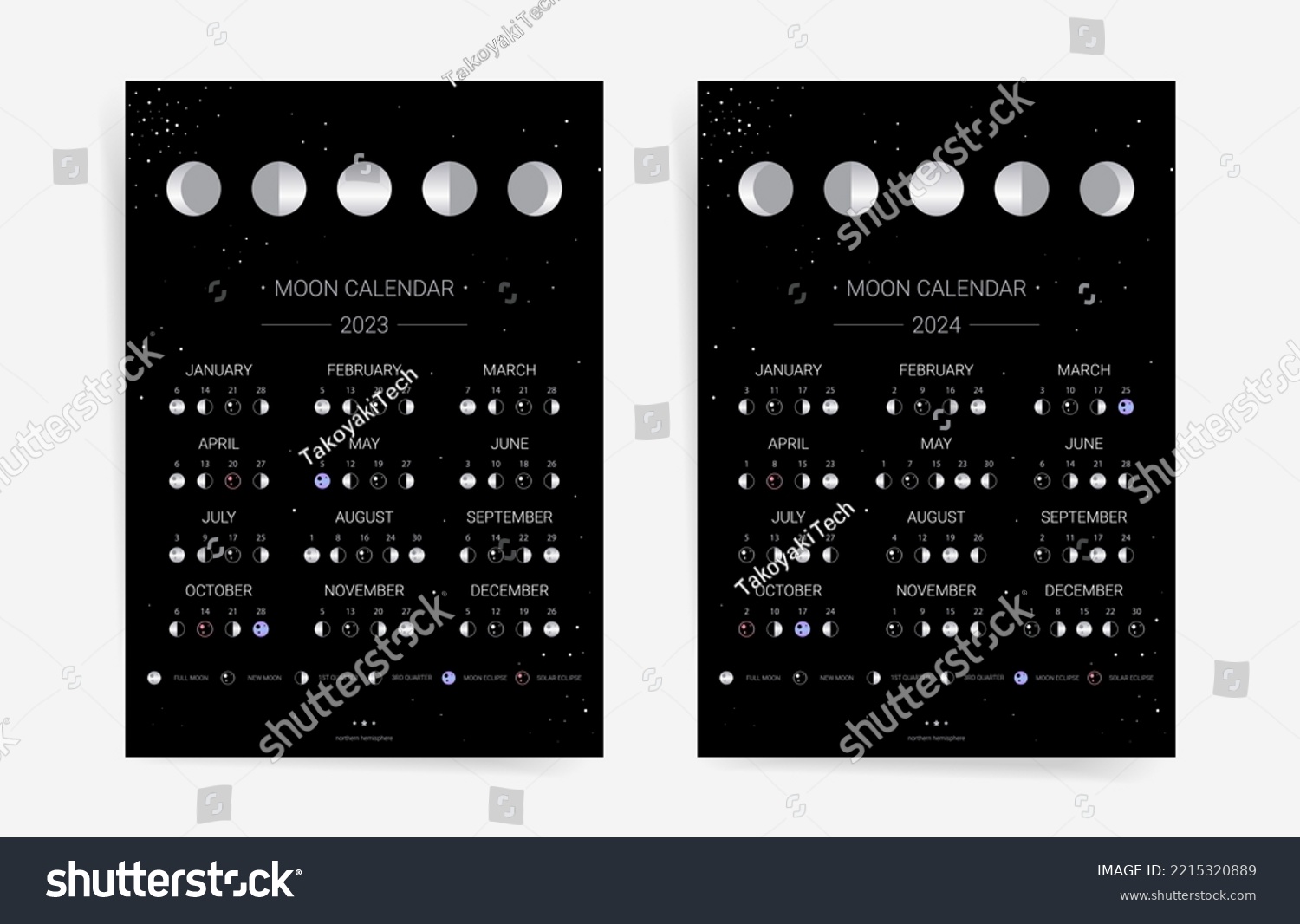 Set of one page moon calendars for 2023 and 2024 - Royalty Free Stock ...