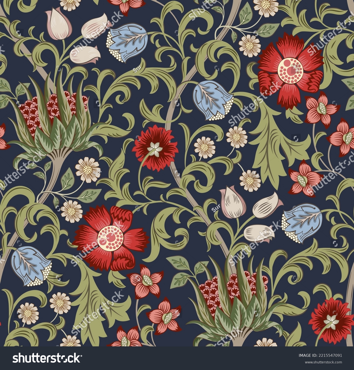 Floral seamless pattern with field of flowers on dark blue background. Vector illustration. #2215547091