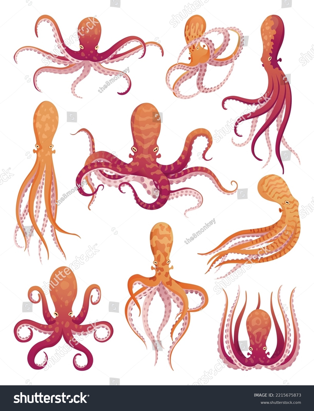 Octopus cartoon flat characters set. Aquatic - Royalty Free Stock ...