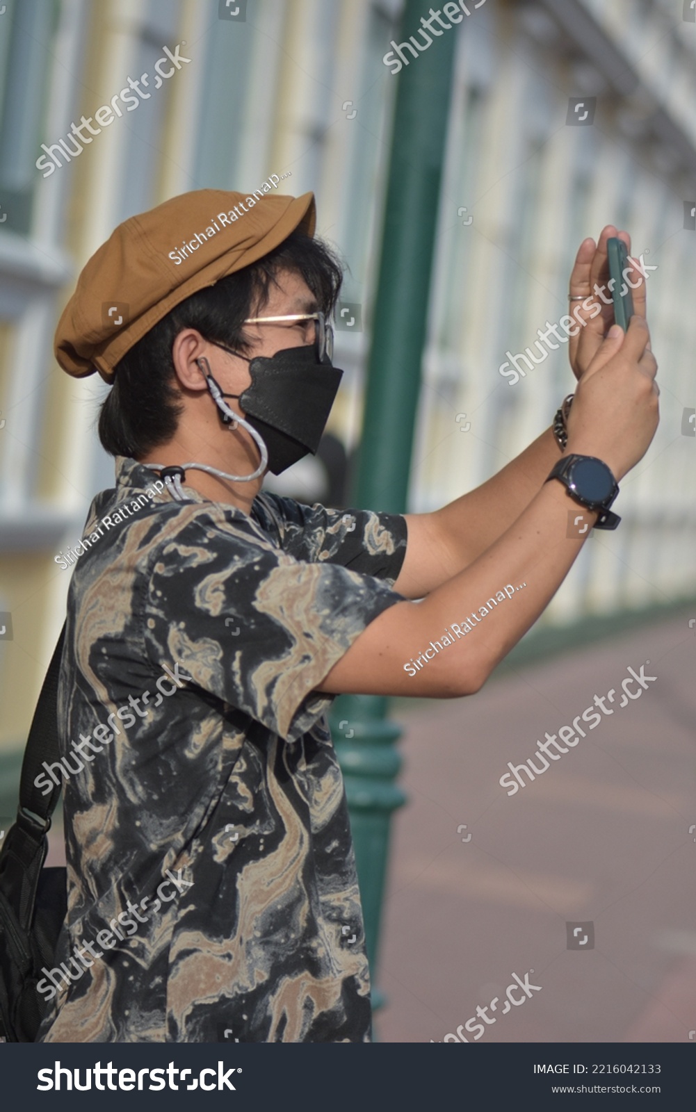 Asia Man With Phone, With Face-Mask...,Take Photographs..., #2216042133