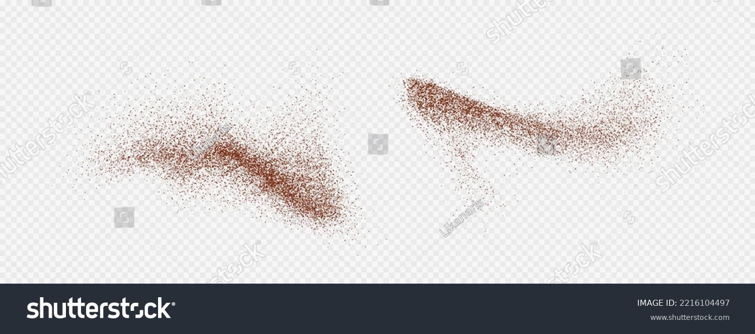 Flying coffee or chocolate powder, dust particles in motion, ground splash isolated on light background. Vector illustration. #2216104497