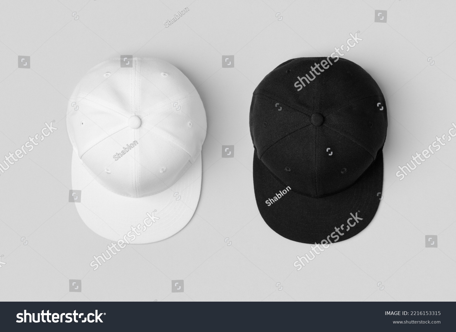 White and black snapback caps mockup, side by side. #2216153315