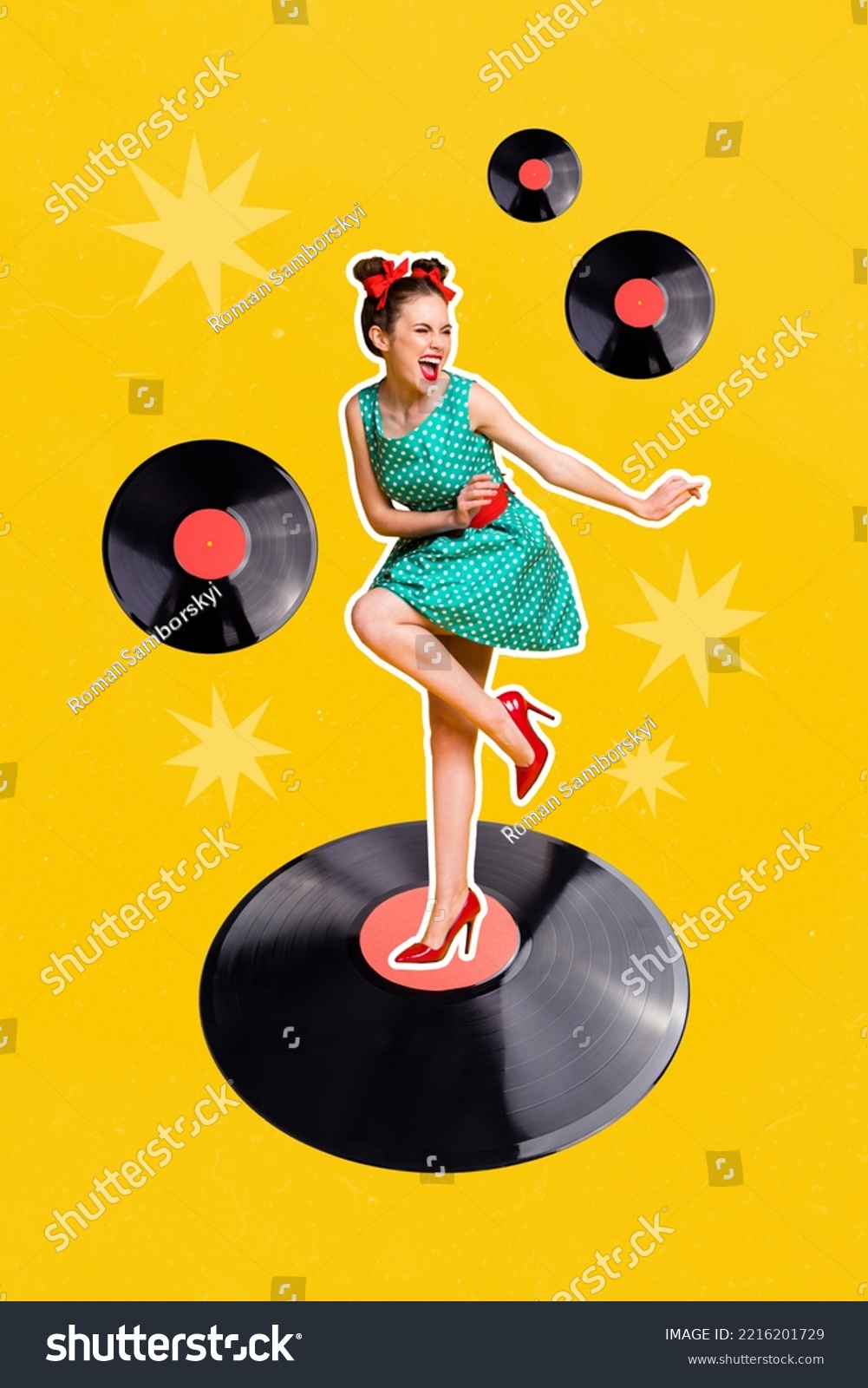 Collage 3d image of pinup pop retro sketch of smiling happy lady dancing turntable plate isolated painting background #2216201729