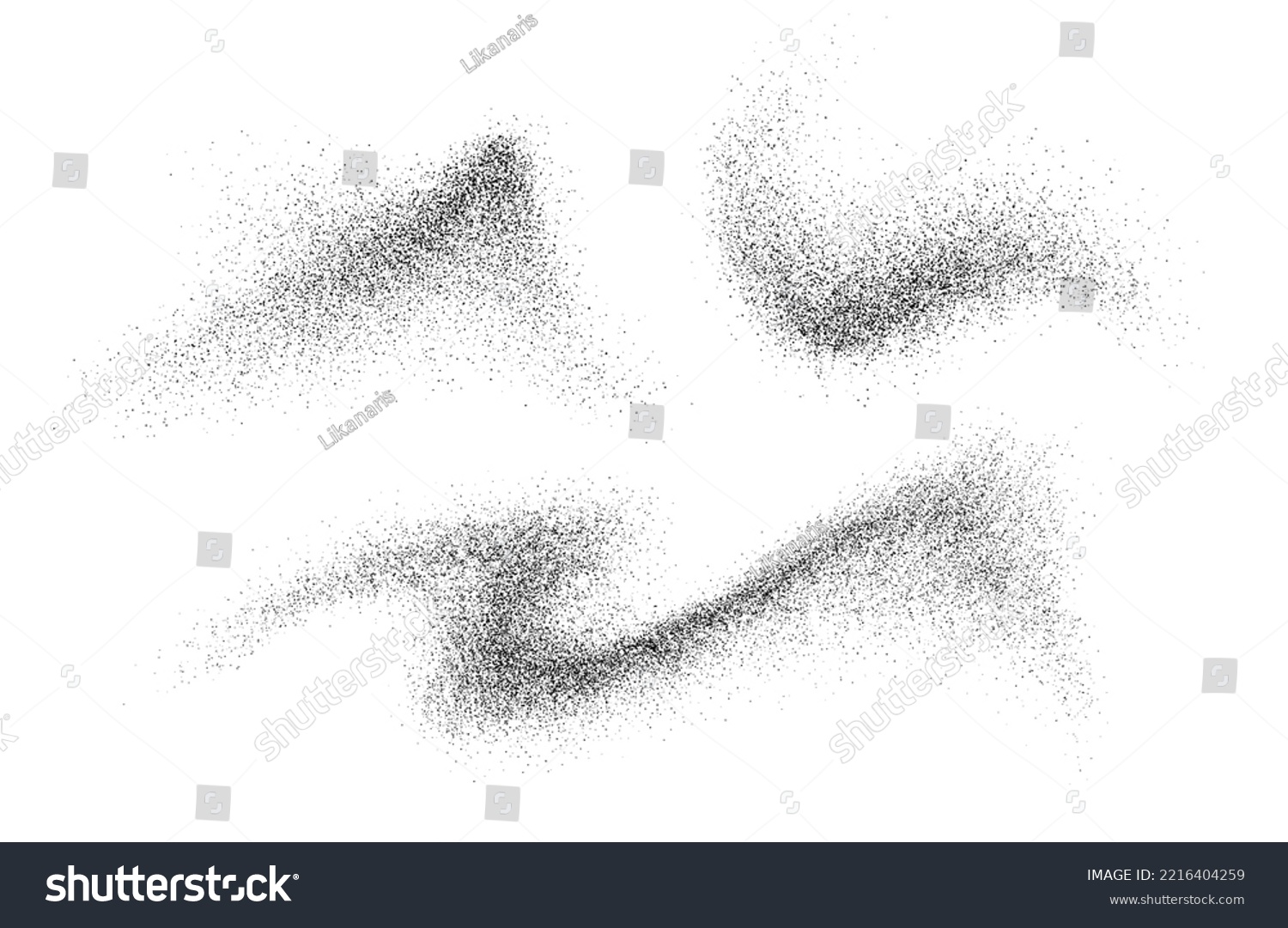 Charcoal splashes, black dot work grain texture, abstract stipple sand effect, gradient from dots isolated on white background. Vector illustration. #2216404259