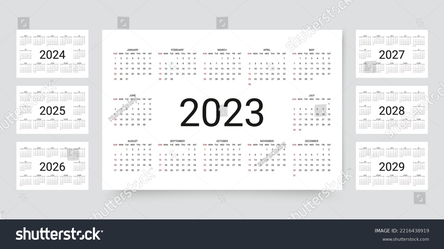 Calendar for 2023, 2024, 2025, 2026, 2027, 2028, - Royalty Free Stock ...