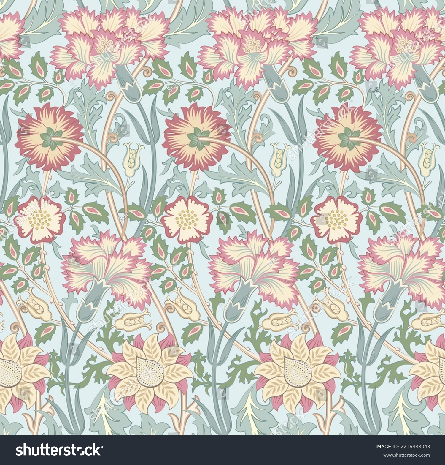 Floral seamless pattern with flowers on light blue background. Vector illustration. #2216488043