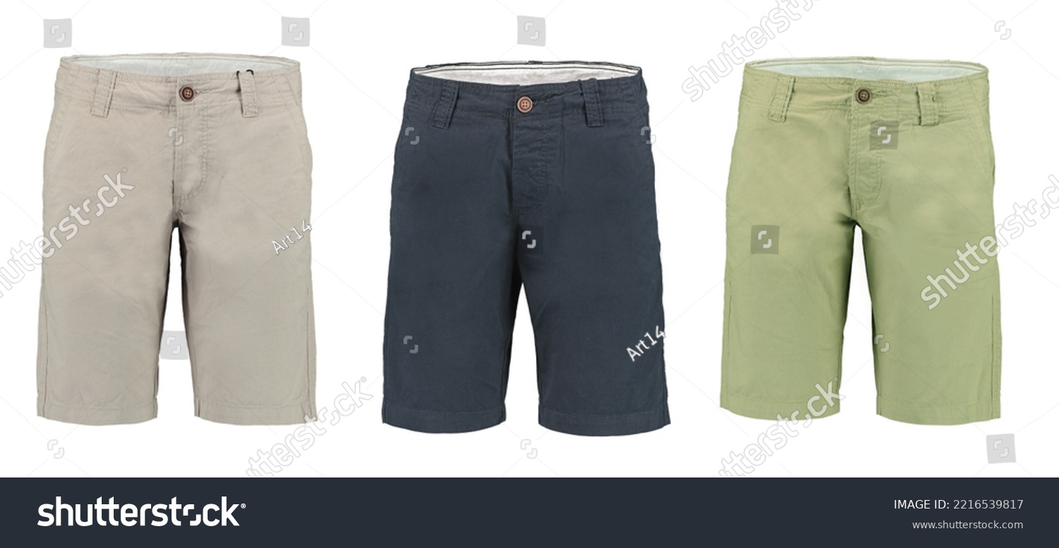 Collection of men's Bermuda shorts on a white background. Isolated image on a green background. Nobody.  #2216539817