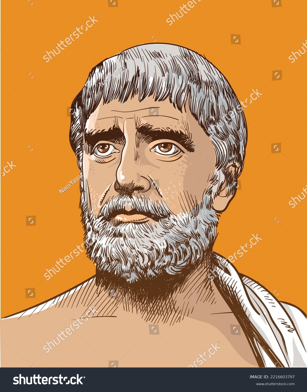 Thales of Miletus line art portrait. Pre-Socratic Greek philosopher, mathematician, and astronomer. Vector #2216603797