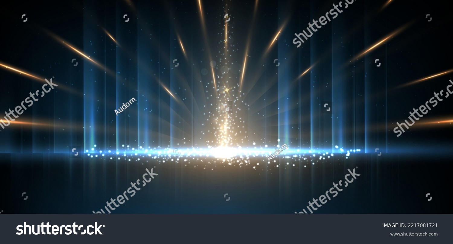 Luxury golden and light blue glowing lines with lighting effect sparkle on dark blue background. Template premium award design. Vector illustration #2217081721