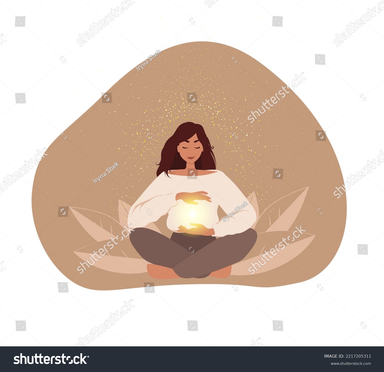 Reiki healing energy, woman in pose lotus, energy worker practicing with healing hands. Spiritual healing concept. Flat  vector illustration #2217205311
