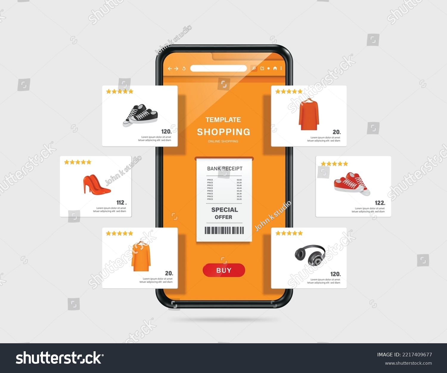 Receipt paper flows from smartphone screen after customer presses order icon,product display layout template on smartphone online shopping platform,vector 3d isolated for shopping online concept #2217409677