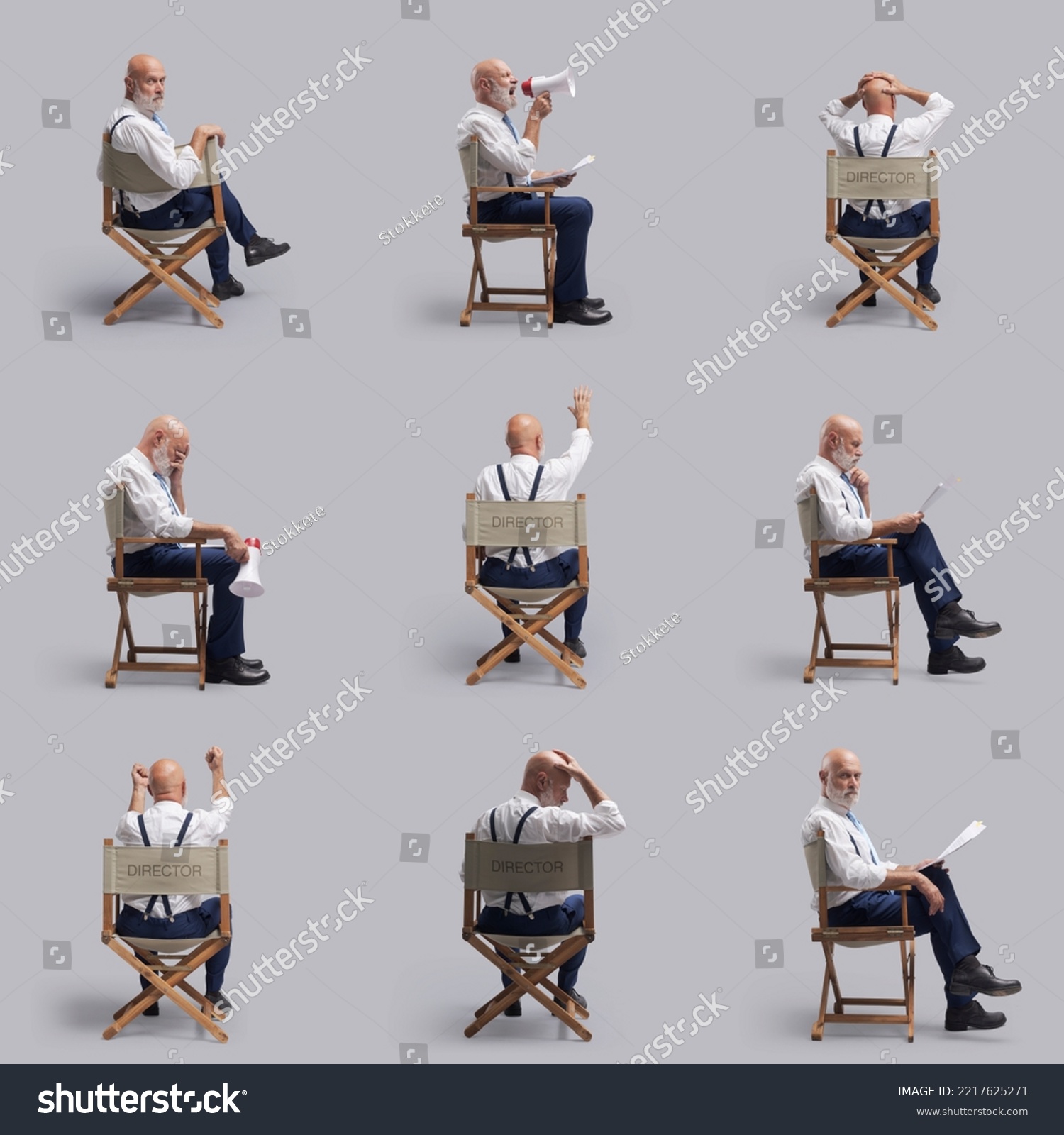 Creative film director sitting on the director's chair, collection of poses and expressions #2217625271