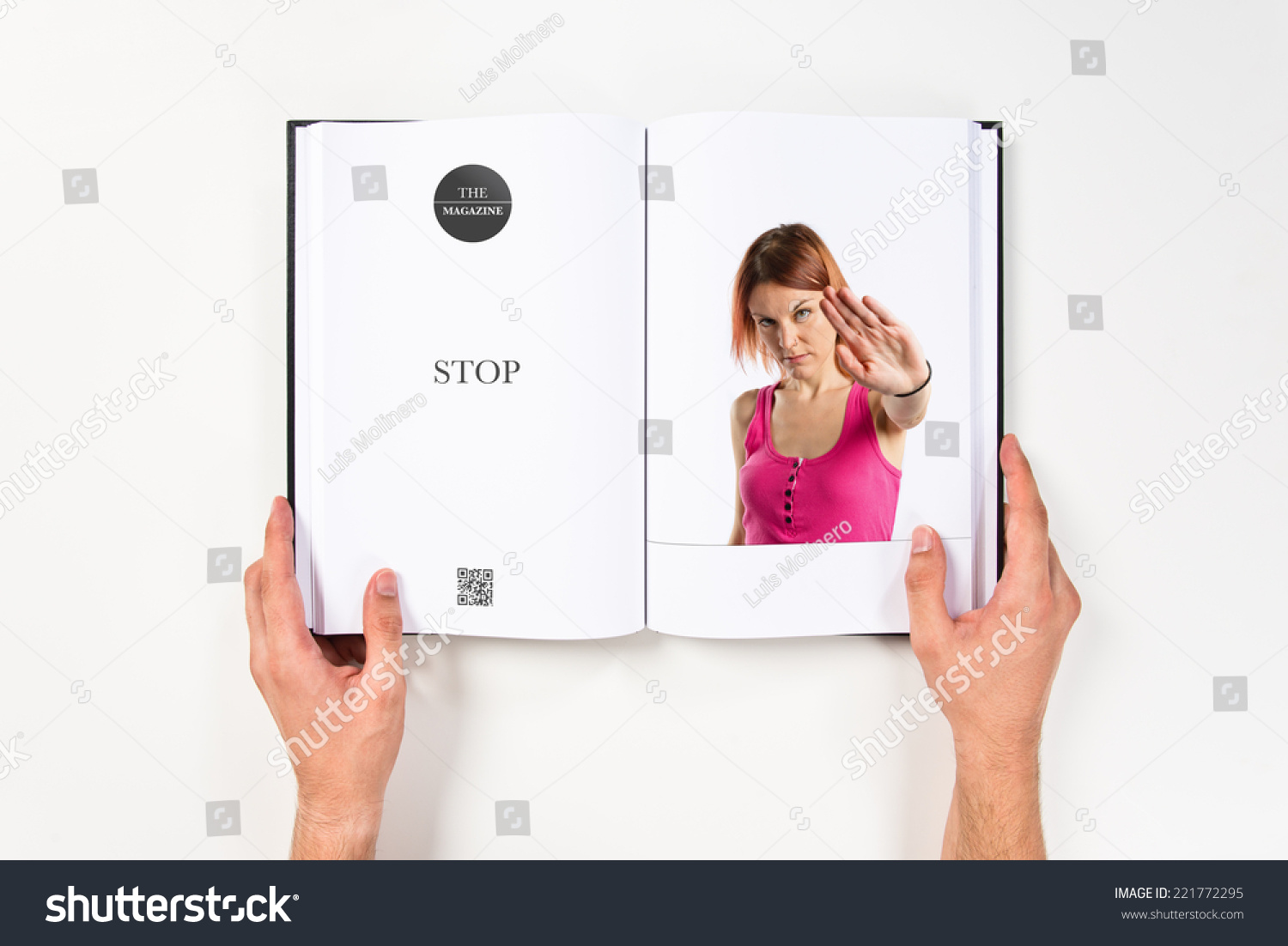Pretty woman making stop sign printed on book #221772295