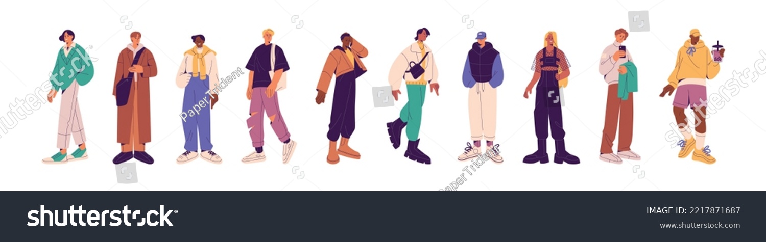Young trendy men in fashion casual outfit. Guys in stylish apparels. Male characters set, wearing clothes, coat, sneakers in modern style. Flat vector illustrations isolated on white background #2217871687