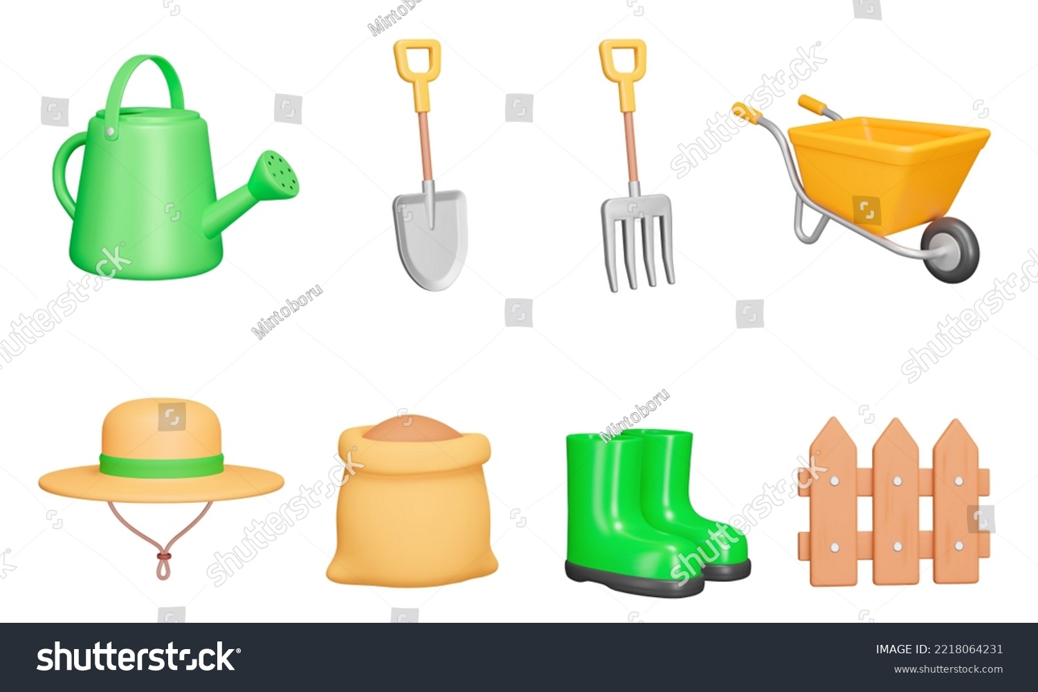 Gardening 3d icon set. Tools, equipment for garden and vegetable garden care. Spout, shovel, pitchfork, wheelbarrow, hat, bag, boots, fence. Isolated icons, objects on transparent background #2218064231