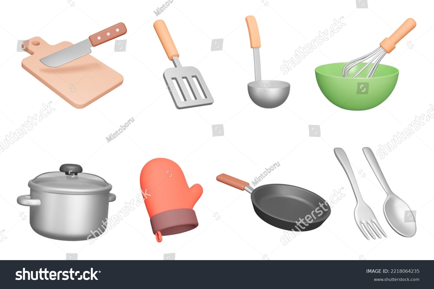 Kitchenware 3d icon set. Kitchen utensils for cooking. Isolated icons, Cutting board, knife, spatula, ladle, whisk, bowl, saucepan, tack, pan, fork, spoon. Cutlery. Objects on transparent background #2218064235