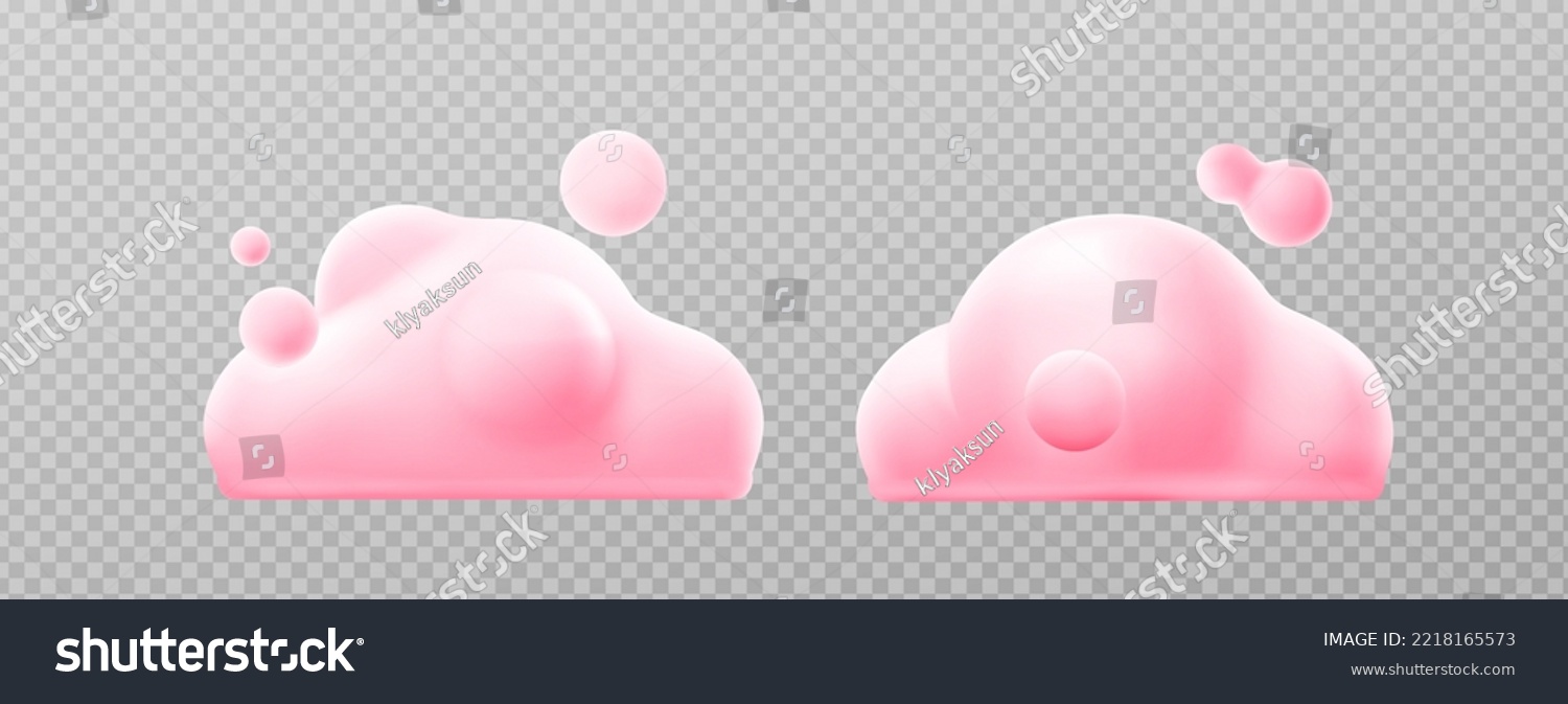 3d render pink clouds, fluffy spindrift or cumulus eddies. Flying weather and nature design elements balloons isolated on transparent background, illustration in cartoon plastic style. 3D Illustration #2218165573
