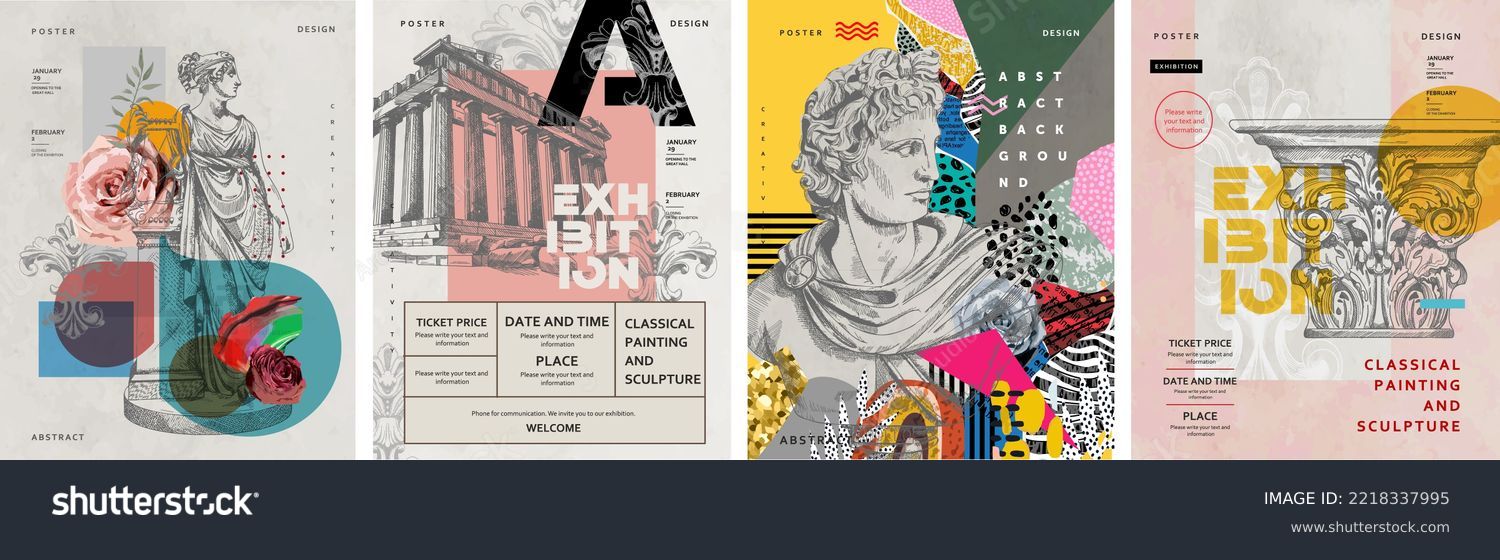 Exhibition, classics and antiquity. Vector illustrations of abstract shapes, ancient greek column, ancient ruins, goddess sculpture and bust for background, flyer or poster #2218337995