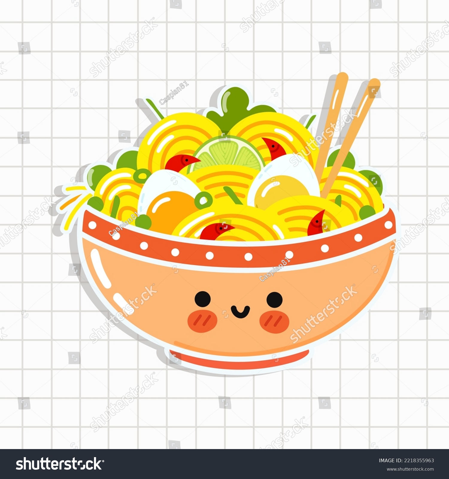 Cute funny ramen bowl sticker. Vector hand drawn cartoon kawaii character illustration icon. Happy ramen bowl character concept #2218355963