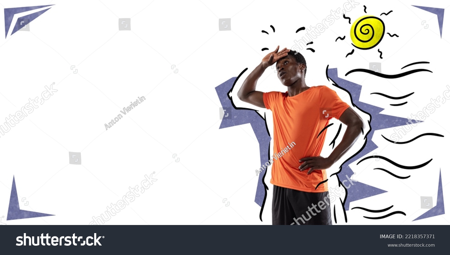 Contemporary art collage. Creative design, Young sportive sweating man resting after run. Drawn sun and wind. Concept of creativity, sport, doodle art, strength, motivation. Flyer #2218357371