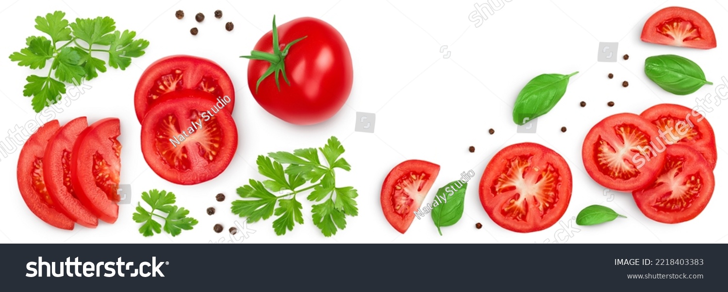 Tomato with slices parsley and peppercorn isolated on white background. Top view. Flat lay #2218403383