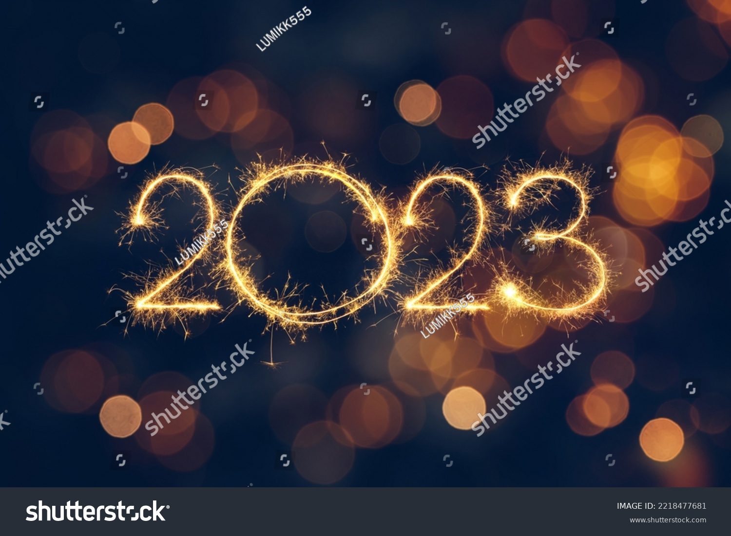 Happy New Year 2023. Beautiful holiday template web banner or billboard with Golden sparkling number 2023 on festive background with copy space for text #2218477681