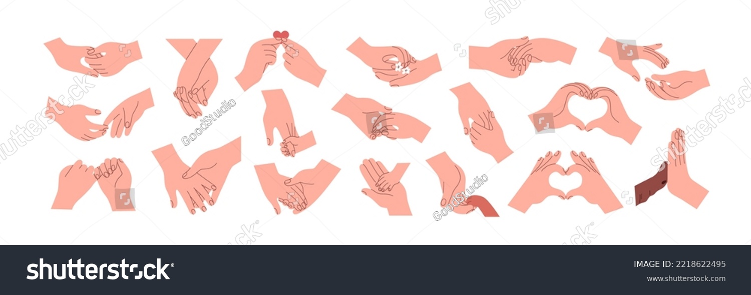 Two hands holding together set. Human fingers, couple and kid-parent palms touching, gesturing. Support, love relationship concept. Flat graphic vector illustrations isolated on white background #2218622495