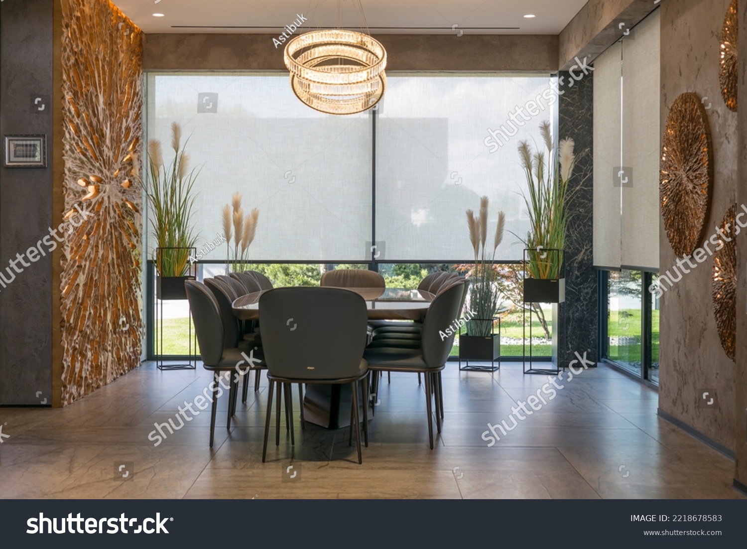 Roller blinds in the interior. Automatic solar shades large size on the windows. Modern interior with wood decor panels on walls. Plants in hi-tech flower pots. Electric sunscreen curtains for home.  #2218678583