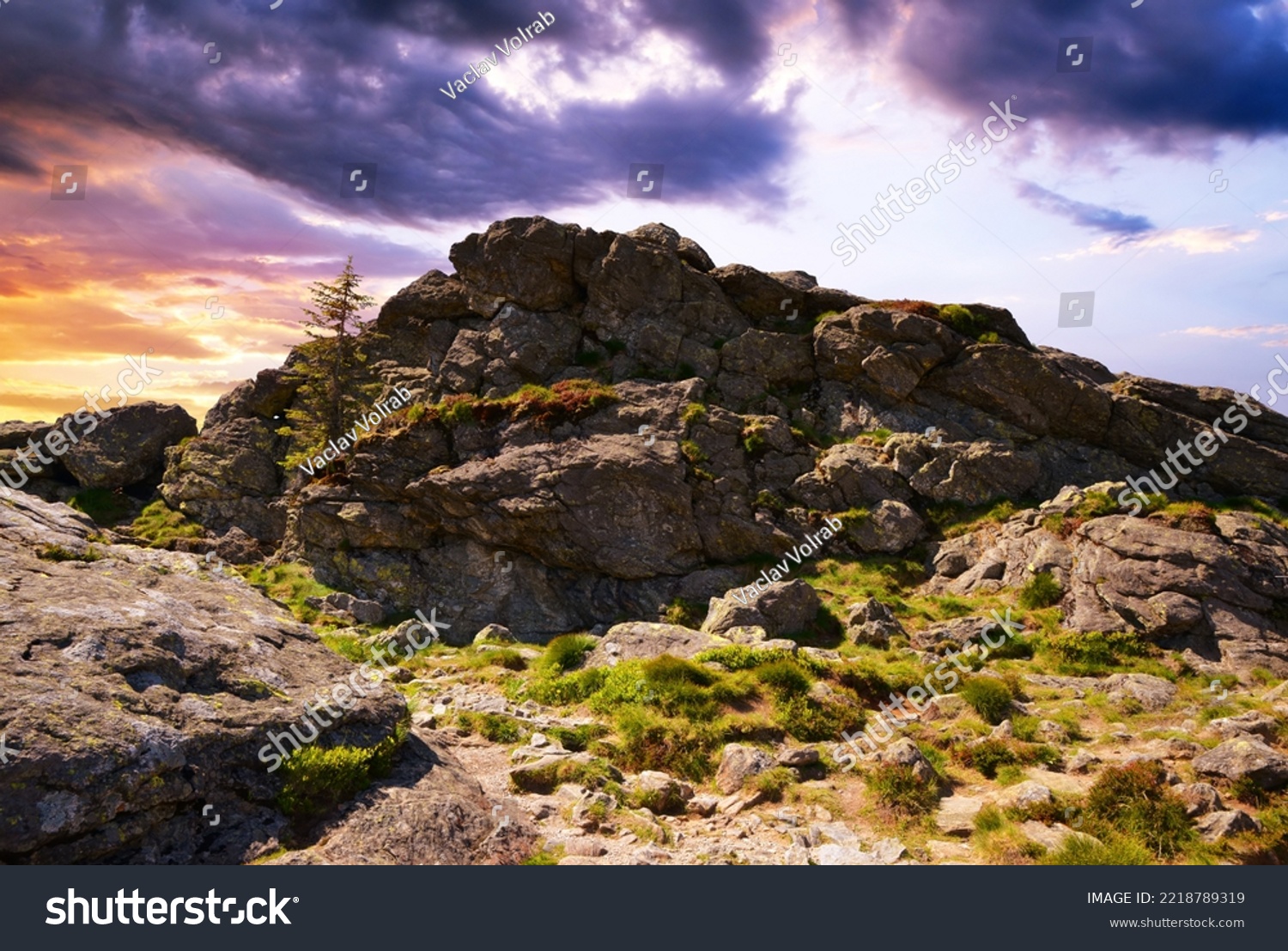 Rock on the top of the mountain Grosser Arber at sunset. National park Bayerischer Wald, Germany. #2218789319