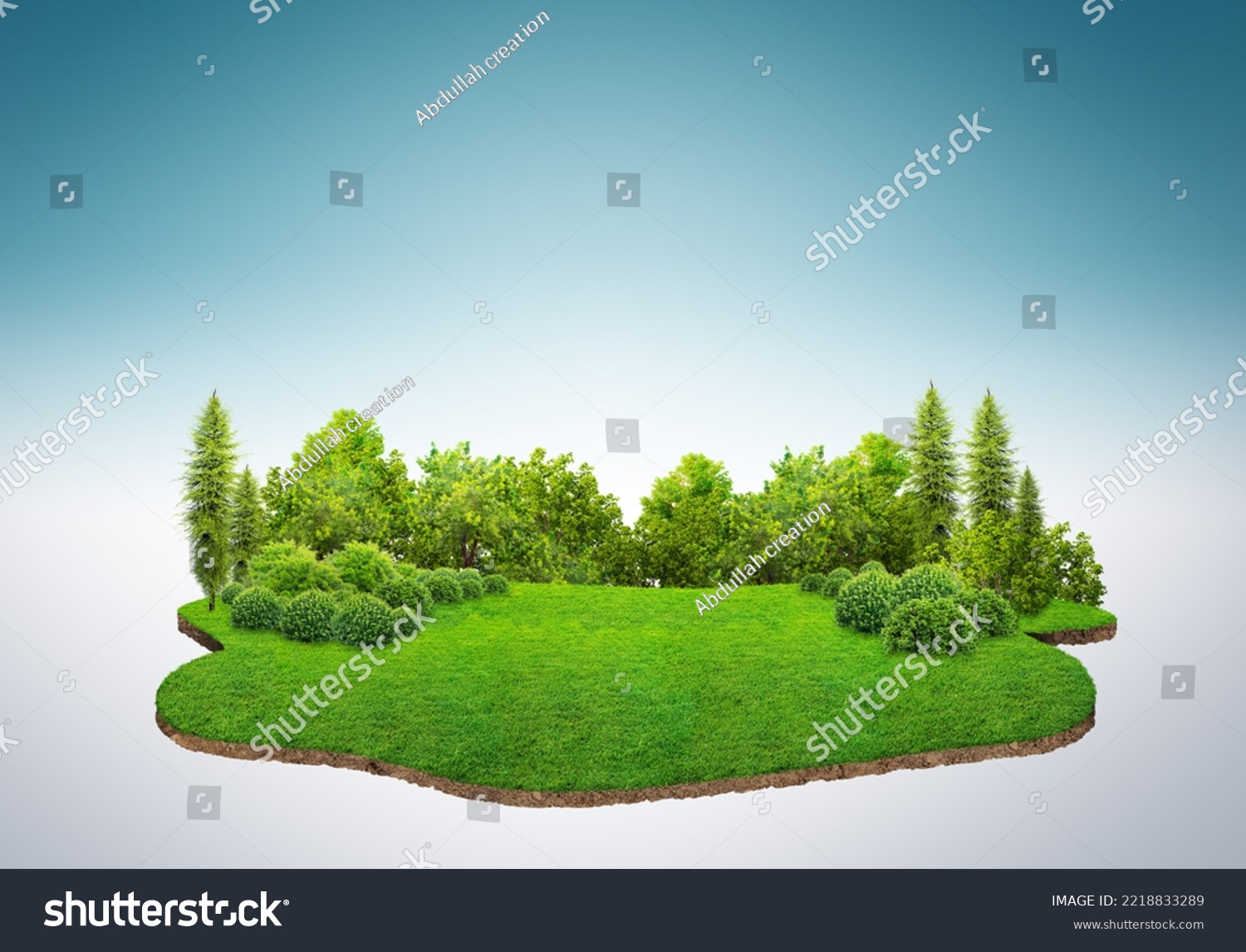 Travel and vacation background. 3d illustration with cut of the ground and the grass landscape. The trees on the island. eco design concept. #2218833289