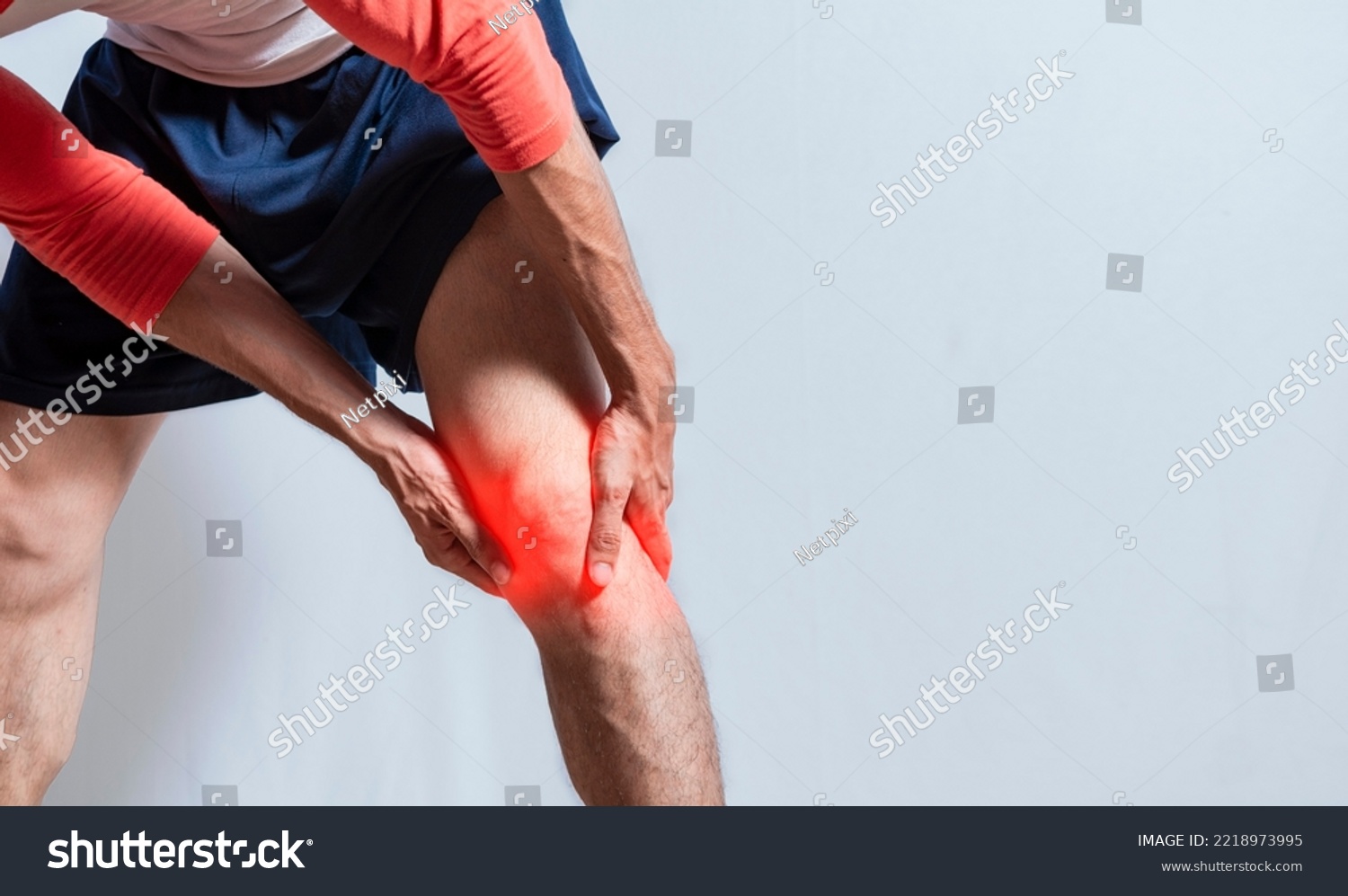 Person with leg muscle pain isolated. Sore man with leg muscle pain. People with leg muscle inflammation isolated. Muscle tear concept, Medical problem of man with leg pain #2218973995