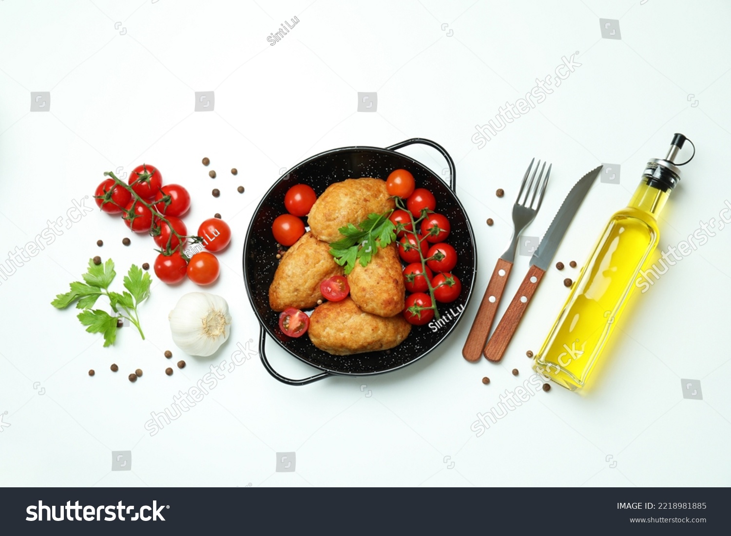 Concept of tasty food with cutlets on white background #2218981885