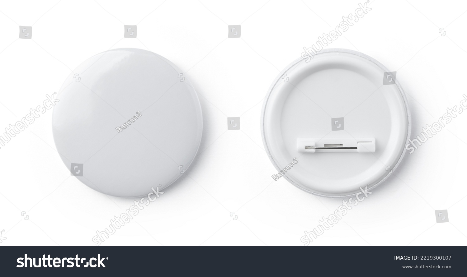 White blank badge. Glossy round button. Pin badge mockup isolated on white background #2219300107