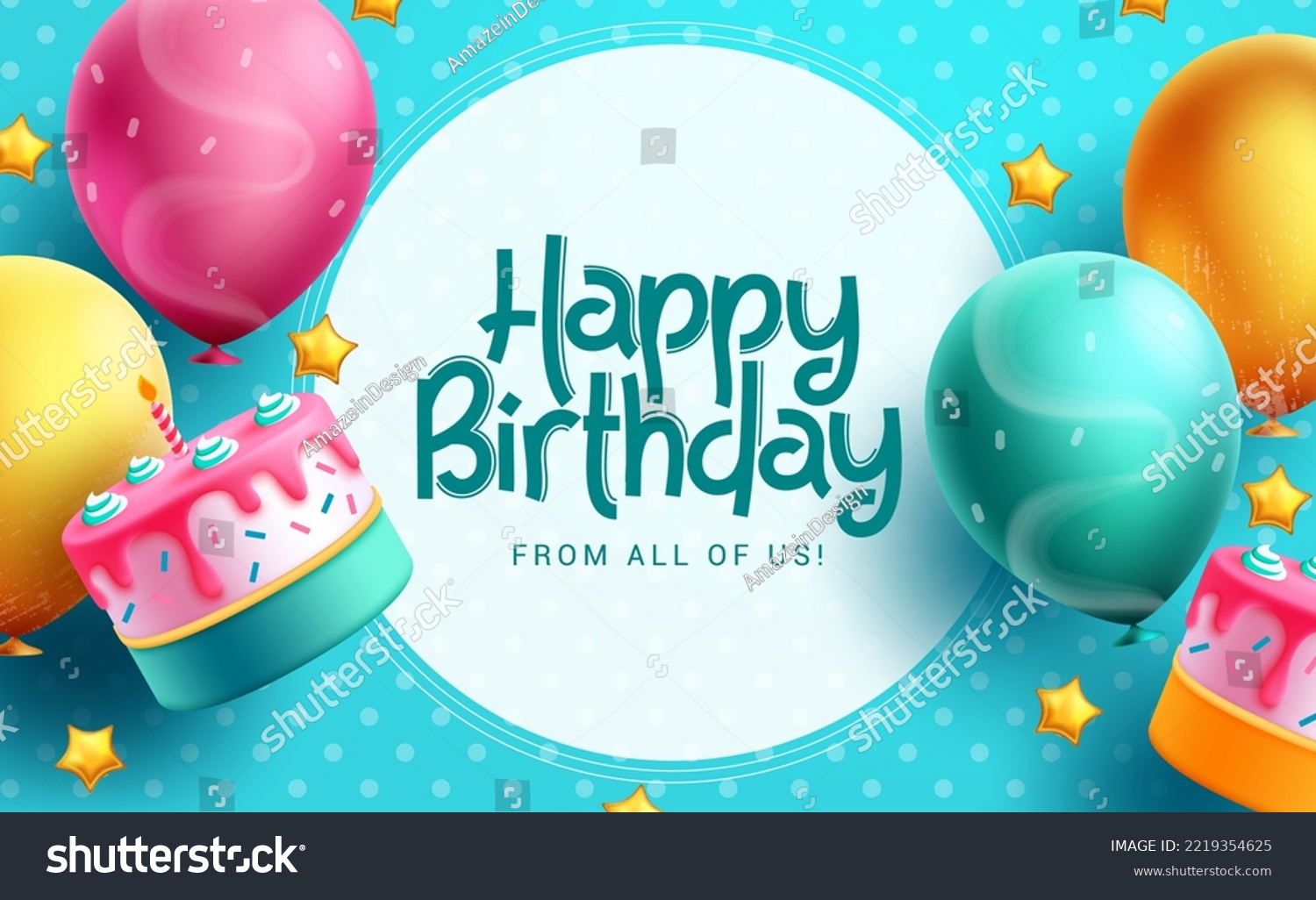 Happy birthday text vector template design. Birthday greeting in circle space for typography with cake and balloons party decoration elements in pattern background. Vector Illustration. #2219354625