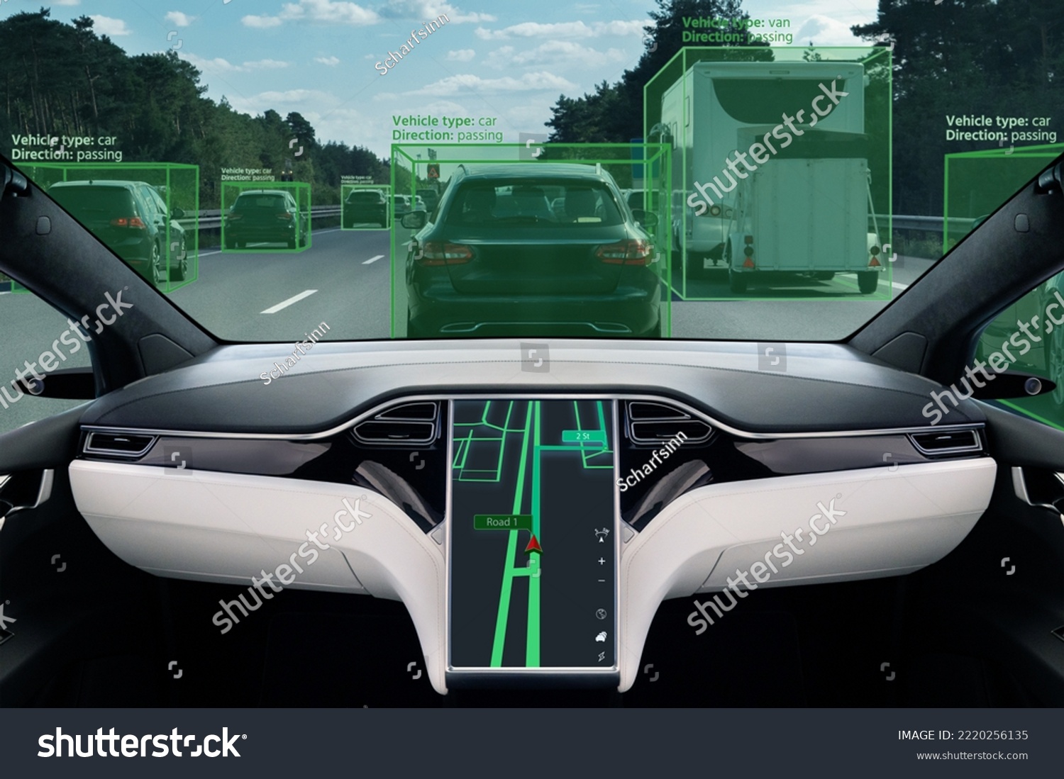 Self driving car on a road. Autonomous vehicle. Inside view. #2220256135