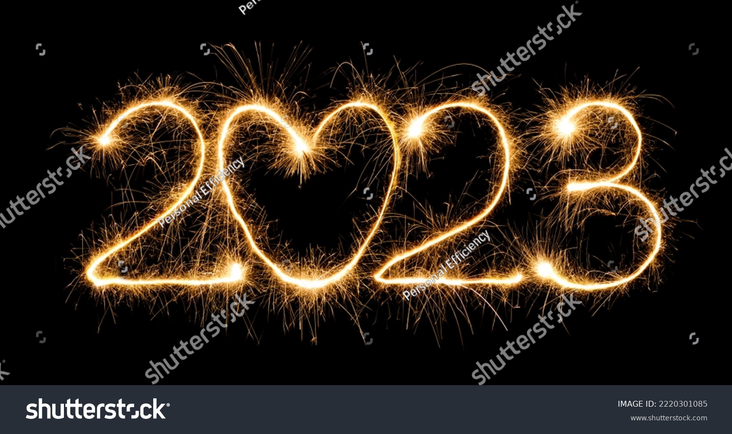 Sparkling burning creative numeral 2023 with heart isolated on black background. Design element for New Year 2023. Beautiful Template for design greeting card, holiday flyer, billboard or Web banner #2220301085